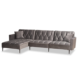 Baxton Studio Galena Contemporary Glam and Luxe Grey Velvet Fabric Upholstered and Black Finished Metal Sleeper Sectional Sofa with Left Facing Chaise